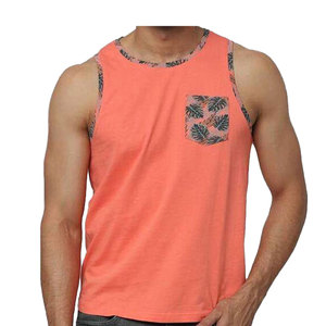 Men's <b>Coral</b> Sleeveless Tank <b>Top</b> With Floral Pocket Print O-Neck Casual Breathable Knitted Style - Product Image 1