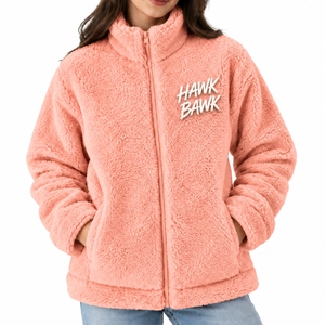 Chaqueta de Sherpa Suave para Mujer, Chaqueta Informal con Cierre Frontal, Ropa de Forro Polar para Exteriores, Superficie de Forro Polar Afelpado, Textura con Logotipo Estampado, Chaqueta de Invierno - Product Image 1