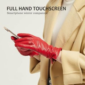 Leather <b>Gloves</b> Women Winter Full-Hand Touch Screen Warm Driving <b>Gloves</b> Lambskin Cashmere lined Red - Product Image 4