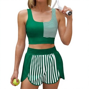 Ensemble soutien-gorge et short de yoga texturé uni respirant à compression pour femme, bretelles croisées, taille élastique, en Spandex/Nylon, séchage rapide - Product Image 1
