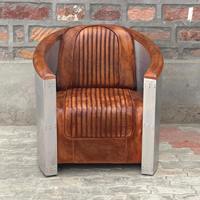 Fauteuil d'appoint en cuir aviateur écologique de qualité supérieure, forme en L, dossier capitonné, pieds en bois, style aviation vintage, salon moderne
