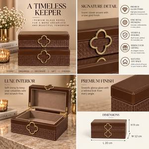 <b>Chocolate</b> Brown Glass Jewelry Storage <b>Box</b> with Clover Metal Accent Textured Finish Soft Lining Decorative Keepsake and Vanity Or - Product Image 6