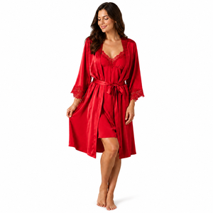 <b>Womens</b> <b>Satin</b> Kimono <b>Robe</b> with Lace Cuffs and Matching Nightdress Elegant Soft Sleepwear Set for Boutique Wholesale Manufacturers - Product Image 1