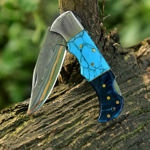 Couteau de poche en acier Damas à prix de gros, couteau pliant de camping avec manche en bois, vente en gros avec étui en cuir - Product Image 1