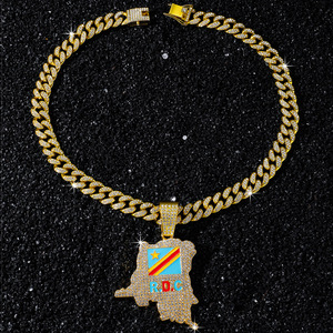 Colliers pendentifs drapeau RDC Iced Out en alliage plaqué or avec chaîne cubaine en cristal, bijoux Hip Hop Bling R.D.C. avec inscription « R.D.C » - Product Image 5