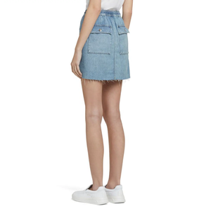 Mini-jupe en jean bleu clair à taille élastique avec cordon de serrage, mélange de coton, poche plaquée avant, coupe décontractée, durable, pour l'été - Product Image 5