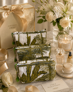 Quilted Cotton Bohemian Eco-Friendly Cosmetic Bag Set Green <b>Makeup</b> Organizer Floral Print Travel for Pouch Tassel Storage - Product Image 5
