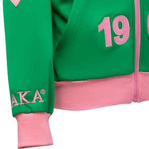 AKA Elite <b>Green</b> Track Jacket with Pink Trim Full Zip Embroidered Crest 1908 Women's Athletic Jacket <b>Green</b> Pink - Product Image 2