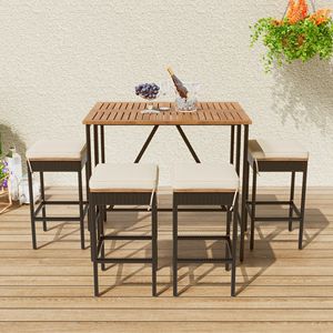 5-Piece Acacia Wood Bar Height Dining <b>Table</b> with Four Stools Cushions Outdoor <b>Garden</b> PE Rattan Wicker <b>Foldable</b> Furniture Set - Product Image 2