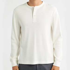 <b>Men's</b> Long Sleeve <b>Henley</b> Shirt Solid White Cotton Knitted Regular Fit Casual Button Up Collar <b>Top</b> - Product Image 2
