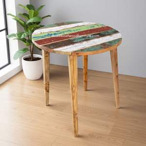 Table ronde artisanale avec espace de rangement et structure démontable en bois de bateau recyclé couleur naturelle pour mobilier d'extérieur, maison et jardin - Product Image 4