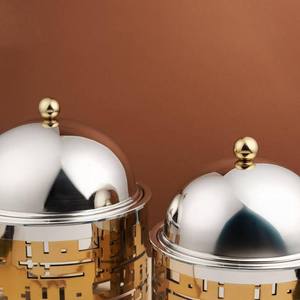 Calentador de Buffet de Lujo Redondo de Acero Inoxidable Bicolor con Caligrafía Árabe Kufic Recortada y Tapa de Cúpula, Individual - Product Image 4