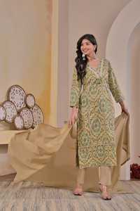 Beautiful 60x60 Cotton Green Straight <b>Kurta</b> Set <b>Women</b> Embroidered Neck Stylish Ethnic Outfit Wedding Party Quick Dry - Product Image 2