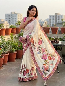 Sari long en chinon crème de qualité supérieure pour femme, broderie florale rose, motif papillon, tenue traditionnelle indienne pour mariage, séchage rapide - Product Image 4