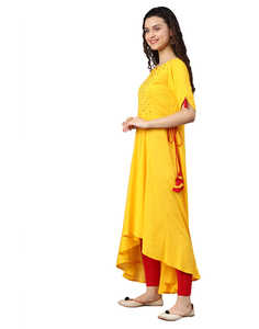 Kurta amarilla de rayón para mujer, estilo bordado con abertura en el cuello y mangas a media, diseñada para ropa informal étnica global. - Product Image 6