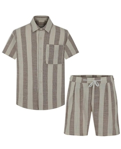 ชุดเสื้อเชิ้ตผู้ชายผ้าฝ้าย 100% คุณภาพสูง ระบายอากาศได้ดี เสื้อผ้าแฟชั่นฤดูร้อนสำหรับผู้ชาย ชุดเสื้อเชิ้ตและกางเกงขาสั้น สกรีนโลโก้ได้ - Product Image 1