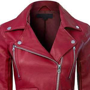 Women's Red PU Leather Windproof Moto <b>Jacket</b> Full Sleeve Regular Length Solid Color Biker Style Spring Autumn Wear - Product Image 3