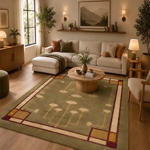 Alfombra Artesanal de Lana Verde con Borde Floral, Estilo Misionero, para Sala de Estar o Dormitorio, Decoración de Inspiración Vintage - Product Image 5