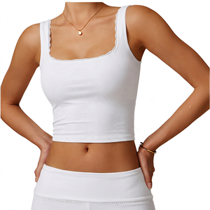 Top Corto Rosa para Mujer con Cuello Cuadrado y Ribete de Encaje, Transpirable, para Yoga, Color Sólido, Soporte Medio - Product Image 3