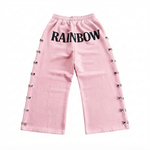 Pink <b>Rainbow</b> Print Sweatpants Elastic Waist Men Casual Cotton Pants With Rhinestone Decoration Spring Style - Product Image 1