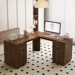 Escritorio de Estudio Moderno en Forma de L con Cajones y Estantería para Libros, Ideal para Oficina en Casa - Product Image 1