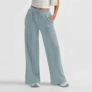Women's <b>High</b> <b>Waist</b> Wide Leg Pants Solid Color Drawstring Closure Loose Fit Full Length Cotton Terry Casual Trousers Spring Style - Product Image 4