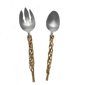 Hot Selling Spoon and Fork Wedding Tableware Wired Round Long Handle Gold Plated Salad Server Metal <b>Utensils</b> <b>Set</b> for Hotel Home - Product Image 1