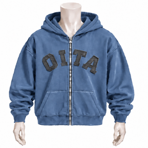 Sweat à capuche zippé pour homme en bleu acier, avec patch en chenille, en molleton épais, coupe oversize, style streetwear décontracté, avec poche kangourou - Product Image 1