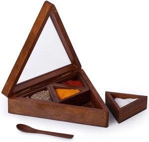 Boîte à épices triangulaire en bois avec couvercle en verre et bocaux amovibles pour le rangement de la cuisine - Product Image 1