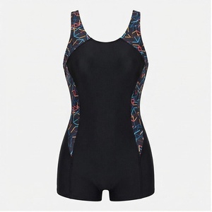 Women's One-Piece Swimwear With Geometric Print Contrast Binding Spandex Polyester Shorts Bodysuit Round Neck Stretch Quick Dry - Product Image 1