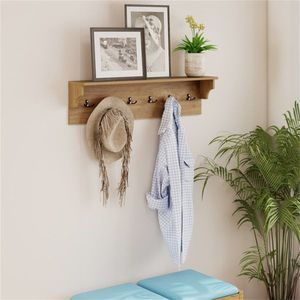 Wall Mount Coat Rack with 6 <b>Hooks</b> and 110LBS Capacity 31.5"x5.5"x8" <b>Shelf</b> Natural Color - Product Image 5