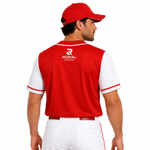 Camiseta de Béisbol Roja para Hombre RONAL SPORTS, Manga Corta, Cierre de Botones, Logotipo Bordado, Prenda Transpirable de Poliéster en Oferta - Product Image 4
