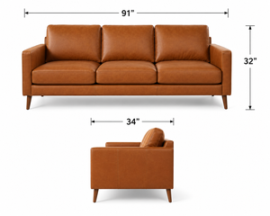 Modern Genuine Leather Three Seat <b>Sofa</b> With <b>Wood</b> Legs Tight Back Straight Arms Midcentury Living Room Furniture Leather <b>Sofa</b> - Product Image 3