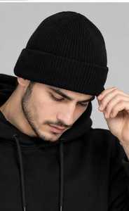 Black Knitted <b>Beanie</b> <b>Hat</b> for Men 100% <b>Wool</b> Winter Warm Cap Casual Solid Color Hand Made Adult Size 56-58CM Cycling - Product Image 3