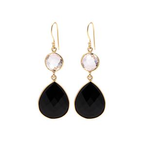 Black Onyx Pear & Crystal Round Gemstone <b>Gold</b> Vermeil Trendy Wedding Party Gift <b>Dangle</b> <b>Earrings</b> - Product Image 1