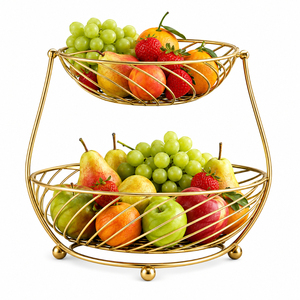 Luxury Gold 2 Tier Fruit <b>Basket</b> for Kitchen Countertop Metal Wire Fruit Bowl <b>Vegetable</b> and Snack Storage <b>Stand</b> Organizer - Product Image 1