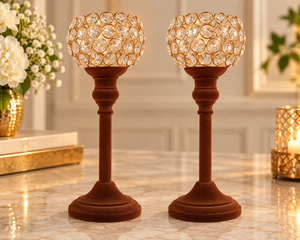 Ensemble de 2 porte-bougies en velours brun de luxe avec boule de cristal, supports décoratifs en métal pour bougies, pour mariage et décoration intérieure - Product Image 3