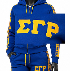 Conjunto Deportivo Ecológico 100% Algodón Azul para Mujer de Sigma Gamma Rho, Sudadera con Capucha y Cremallera Completa, Pantalones Deportivos con Letras Griegas Amarillas y Dobladillo Lateral Dividido - Product Image 2