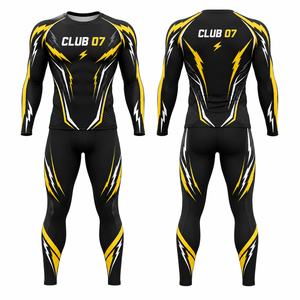 Club 07 Full Length Yoga Set Crew Neck Long Sleeve High Waist Black Yellow Geometric Pattern Sublimation Print Sweat-Wicking - Product Image 1