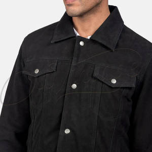 Chaqueta de camionero de cuero de gamuza negra para hombre, estilo clásico con botones, corte ajustado, estilo vaquero, gamuza auténtica, ropa exterior informal a la moda. - Product Image 6