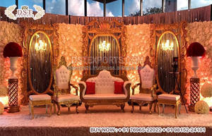 การต้อนรับงานแต่งงานของชาวอินเดียการตกแต่งเวทีสีทองการแต่งงานแบบดั้งเดิมเวทีสีทองสวยงาม Jaimala และ Nikah ตกแต่งเวที USA - Product Image 3