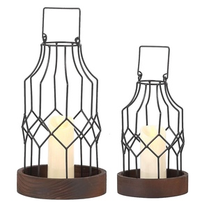Black Iron Wire <b>Candle</b> <b>Lanterns</b> With Wooden Base Modern Design Home Decoration - Product Image 1