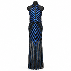 Glamorous Cobalt Blue Sequin Gown Halter Keyhole Neck Sleeveless | <b>Chevron</b> Embellished Sheath Floor Length Evening Party <b>Dress</b> - Product Image 1