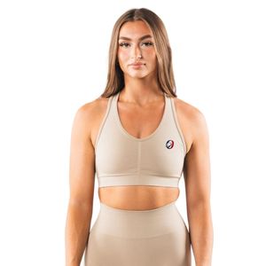 Beige Women's <b>Cross</b> Strap Sports Bra Lightweight Athletic Crop <b>Top</b> for Exercise Yoga Gym Running Fitness Training - Product Image 1