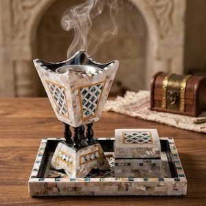 Floral Mother Pearl Inlay Marble Aroma Burner Set Handmade Non Electric Candle Warmer for Indoor Aromatherapy Use - Product Image 2