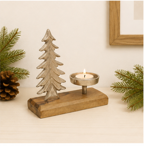 Handcrafted Silver Metal Christmas Tree <b>Tea</b> Light Holder With Solid Wooden Base Rustic Aluminum Holiday Candle <b>Stand</b> For Table - Product Image 6