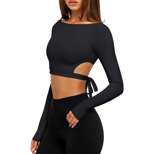 Women Black <b>Long</b> <b>Sleeve</b> Square Neck <b>Crop</b> Top With Side Cut-Out Hollow Design Solid Color Stretchy Activewear Shirt - Product Image 2