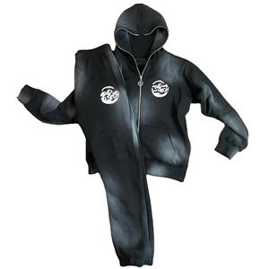 Personalizado bordado apliques desgastado Zip up ácido lavado chándal Unisex acampanado pantalones de chándal y sudaderas con capucha conjuntos chándales para hombres - Product Image 1