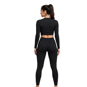 Women's <b>Black</b> Long Sleeve Crop Top and High Waist <b>Leggings</b> Activewear Workout Set - Product Image 6