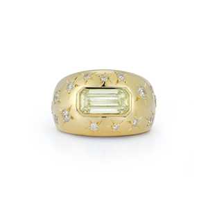 Dome Statement <b>Rings</b> 14K 18K Solid Gold Emerald Light Yellow Diamond Starburst Flush Set Lab Grown Heavy <b>Chunky</b> Cocktail Jewelry - Product Image 1